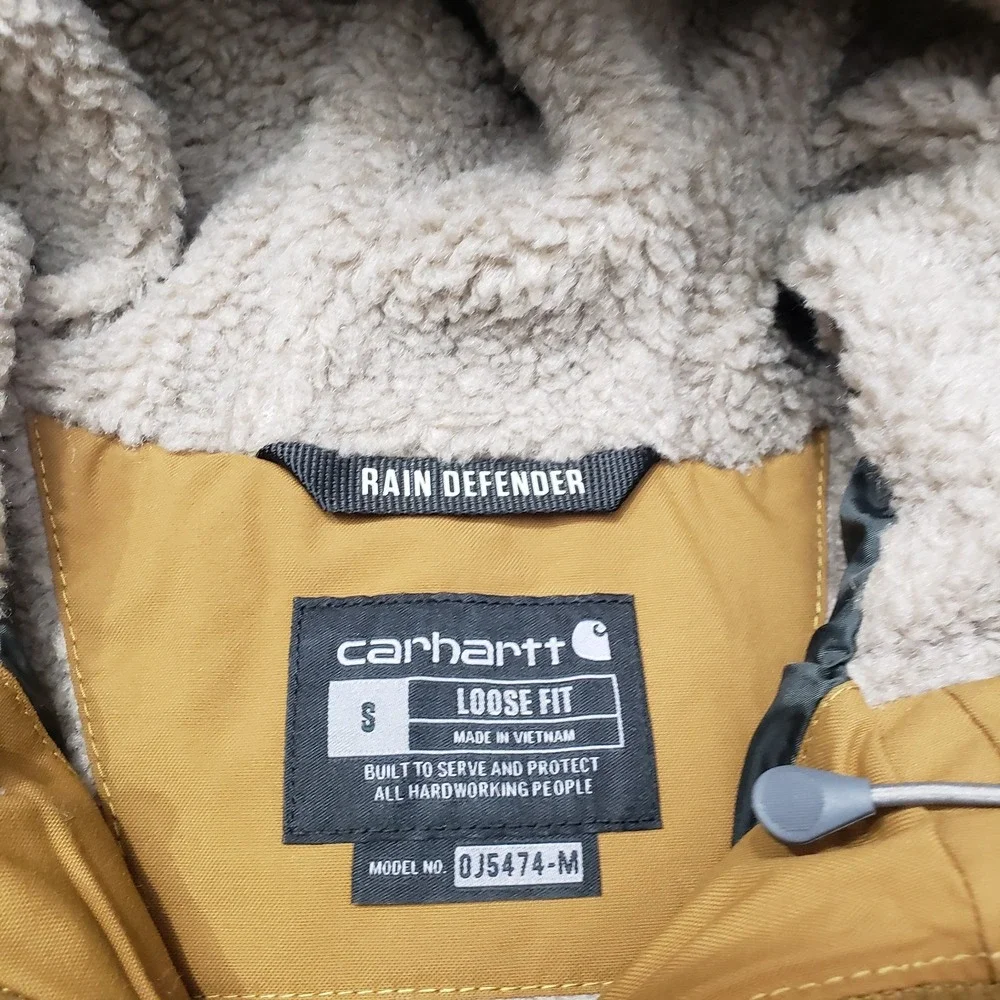 Carhartt Puffer Jacket Mens Small Green Tan Loose Fit Rain Defender‎ Zip Hooded